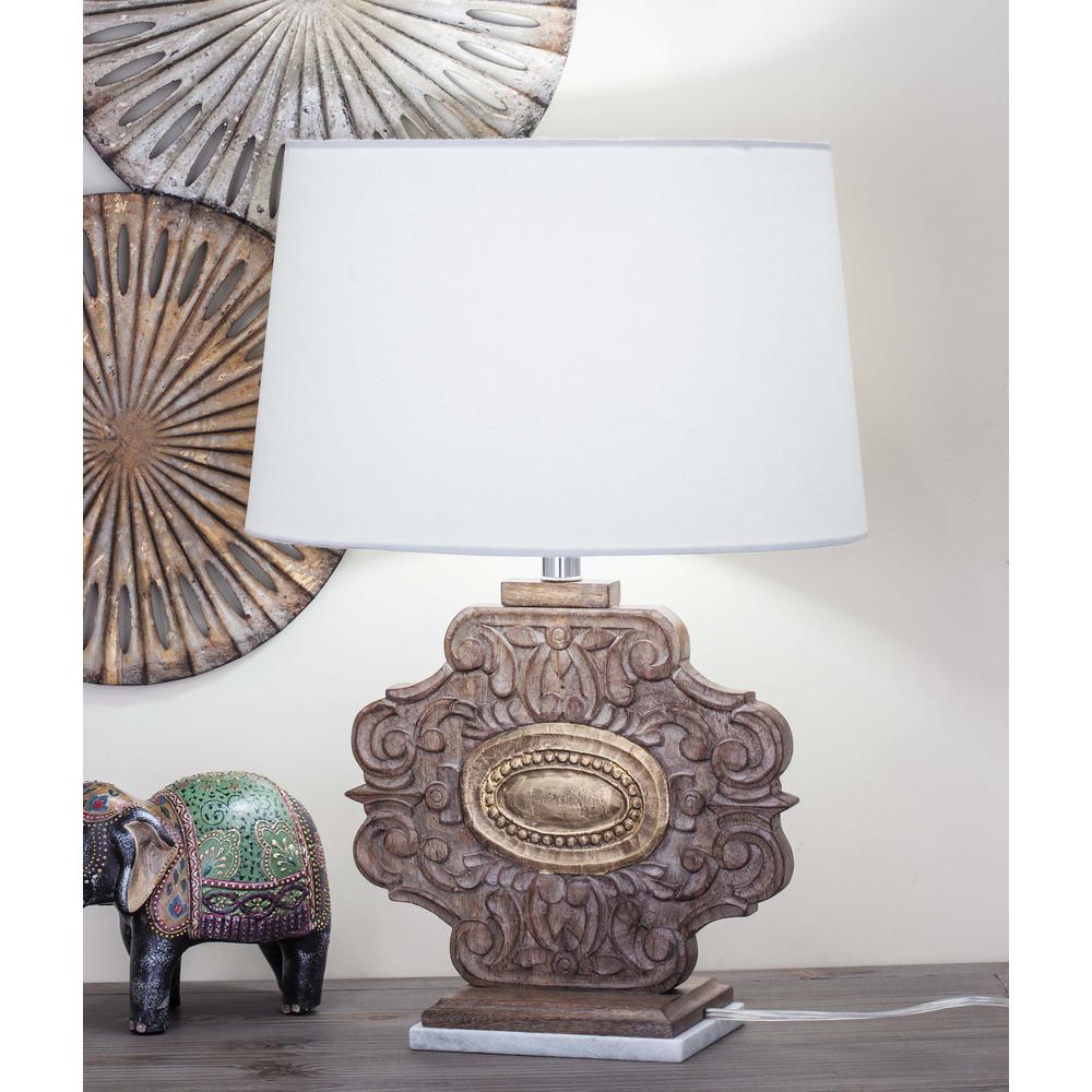 23 In White Marble And Brown Carved Wood Table Lamp