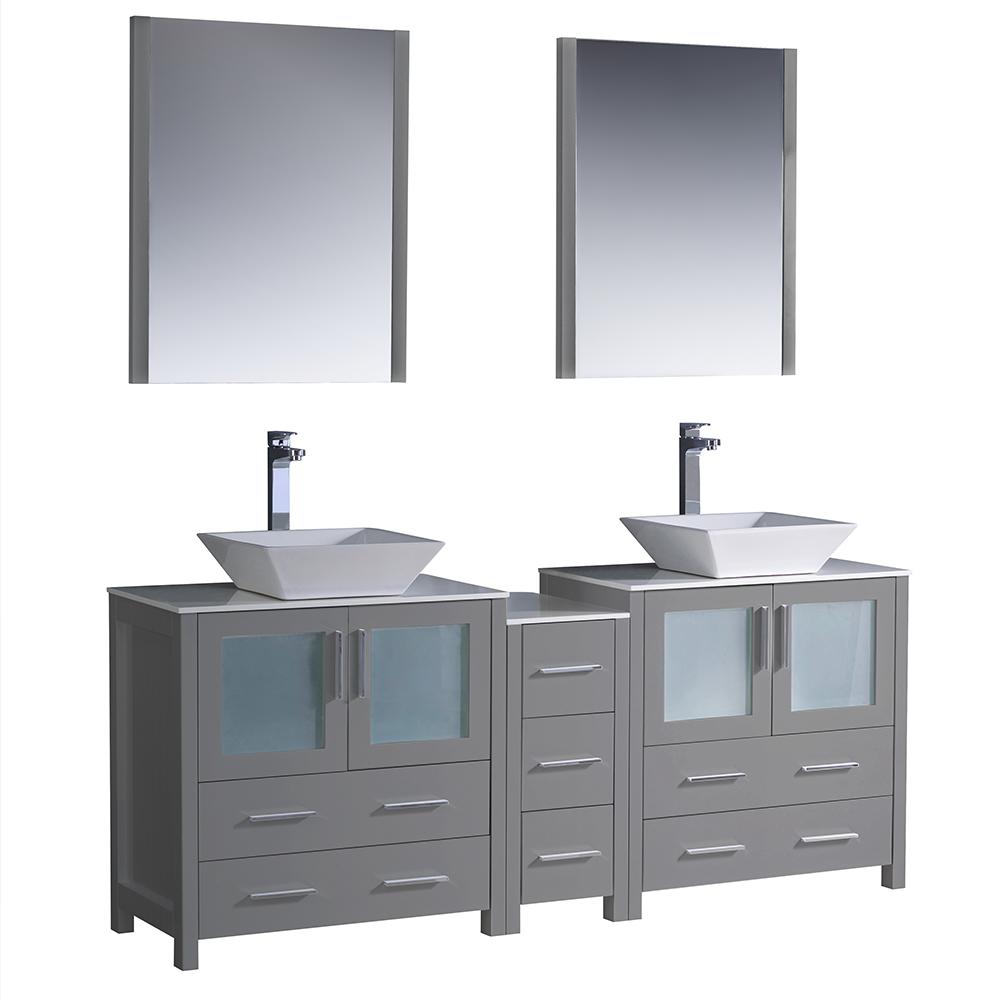 Fresca Torino 72 In Double Vanity In Gray With Glass Stone Vanity Tops In White With White Vessel Sink Middle Cabinet Mirrors