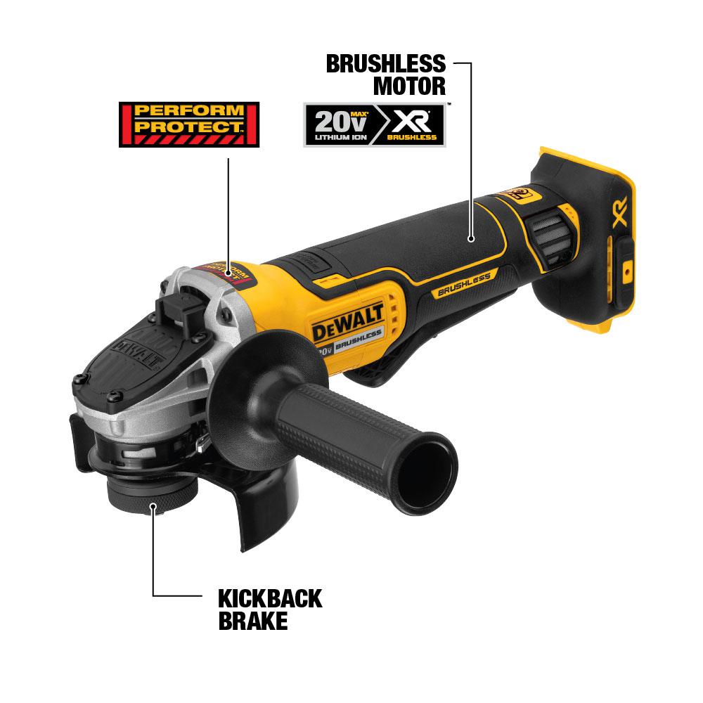 Dewalt 20 Volt Max Xr Lithium Ion Cordless Brushless 4 1 2 In Paddle Switch Small Angle Grinder W Kickback Brake Tool Only Dcg413b The Home Depot