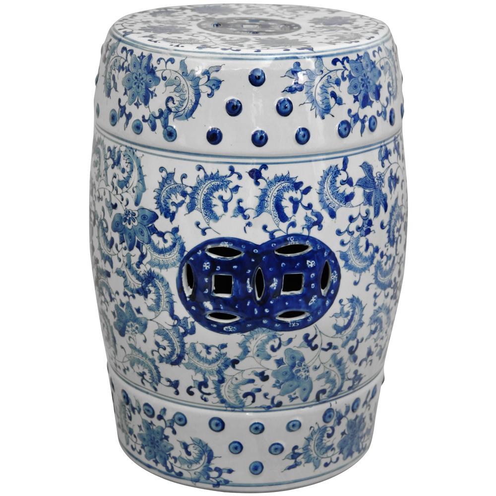 Oriental Furniture 18 in. Floral Blue and White Porcelain Garden Stool