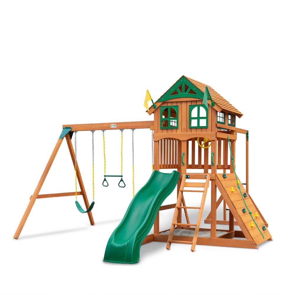 Gorilla Playsets DIY Outing III Wooden Outdoor Playset with Wood Roof, Monkey Bars, Slide, Swings, and Backyard Swing Set Accessories