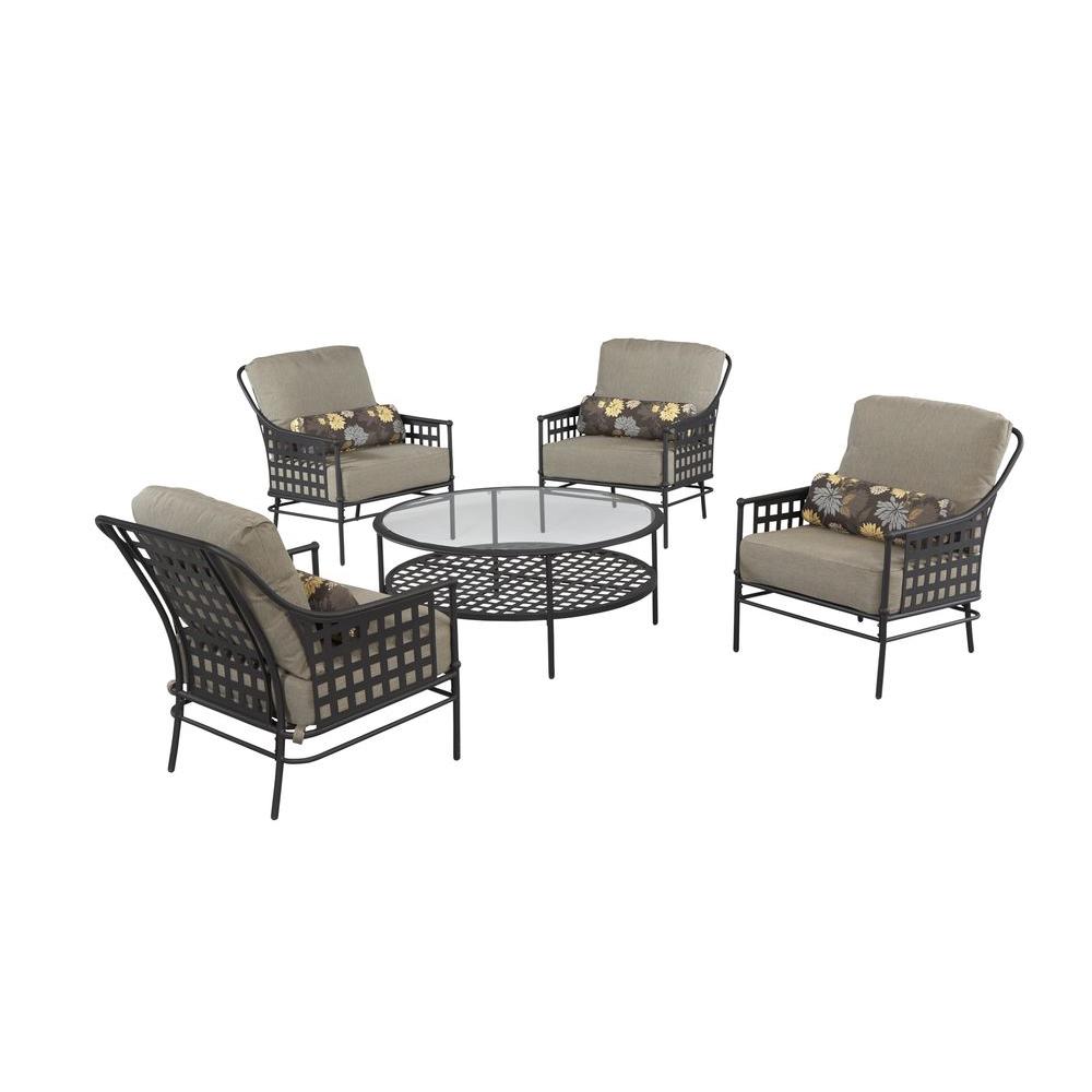 Hampton Bay Lynnfield 5 Piece Patio Conversation Set With Gray Beige Cushions