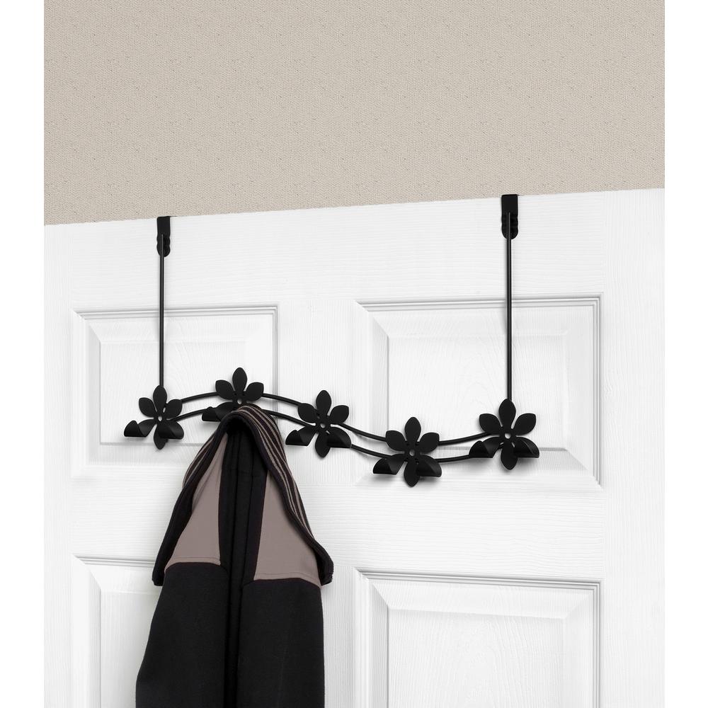 Spectrum Black Flower 21 1 4 In L Decorative 5 Hook Over The Door Rack   Black Spectrum Home Storage Hooks 98210 64 1000 