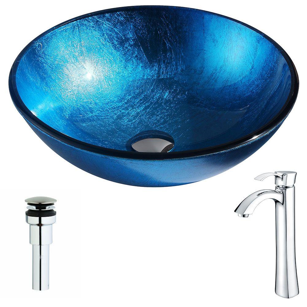 ANZZI Arc Series Deco-Glass Vessel Sink in Lustrous Light Blue with Harmony Faucet in Polished Chrome, Lustrous Light Blue Finish was $247.99 now $198.39 (20.0% off)