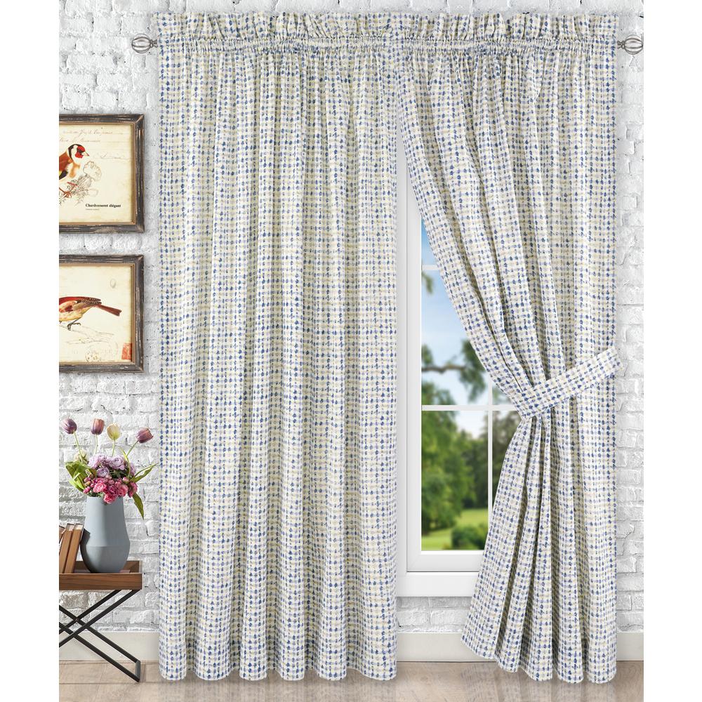 Davins Blue Cotton Twill Tailored Pair Curtains With Ties 90 In