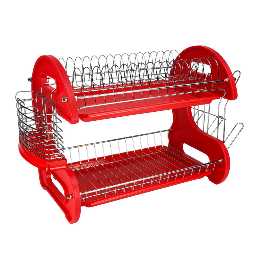 Home Basics 2 Tier Plastic Red Dish Drainer