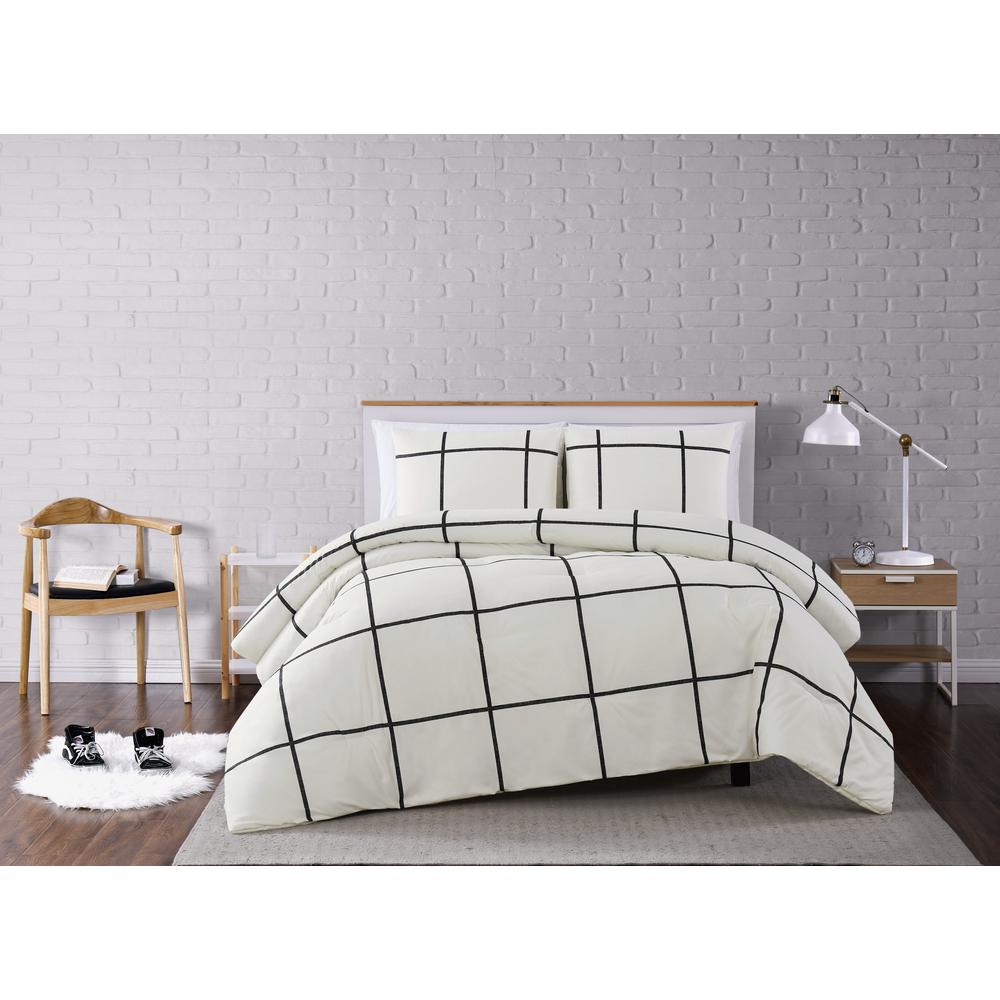 Truly Soft Kurt Windowpane Ivory And Black Full Queen 3 Piece