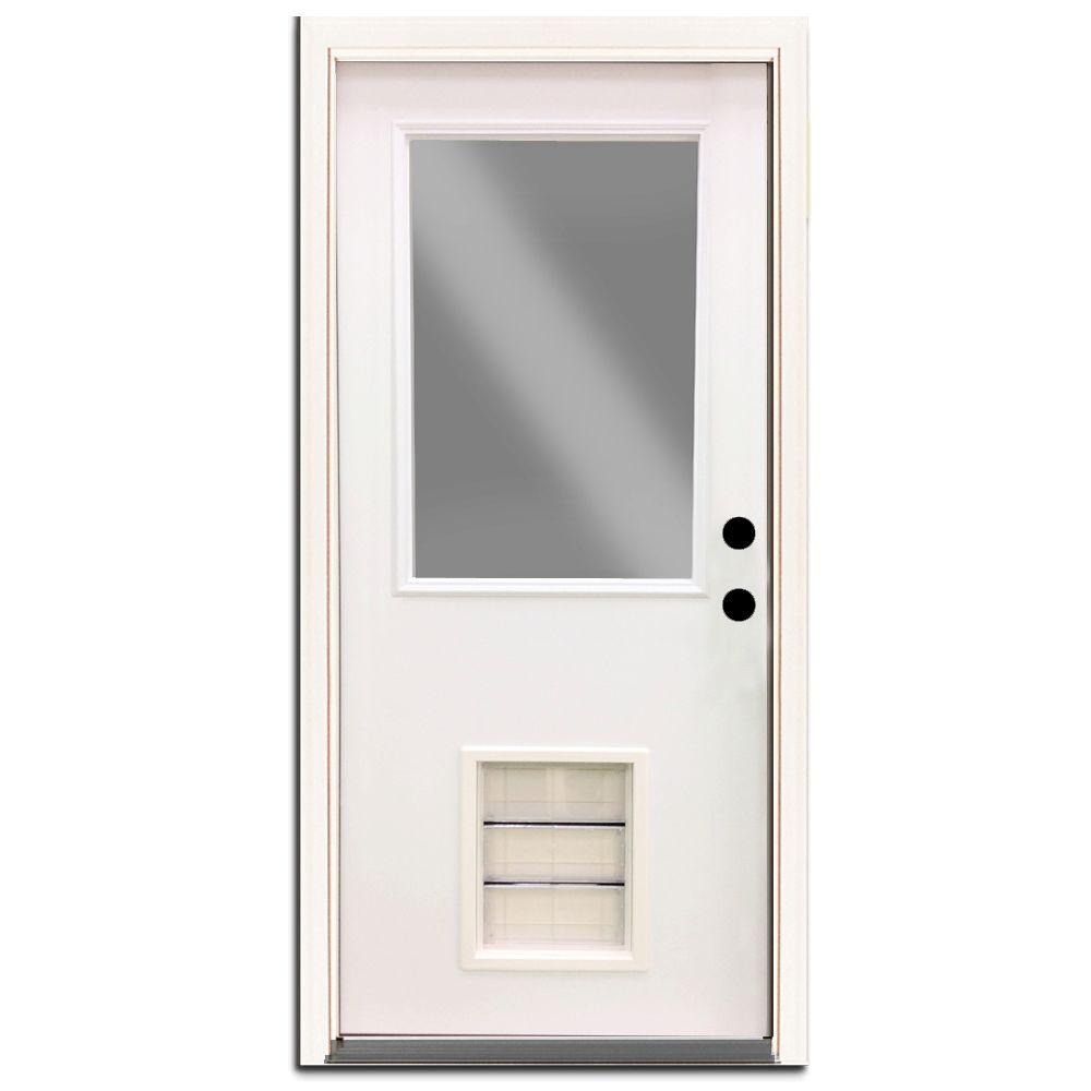 Steves Sons Premium Half Lite Primed White Steel Back Door 36 In Left Hand Inswing With Extra Large Pet Door