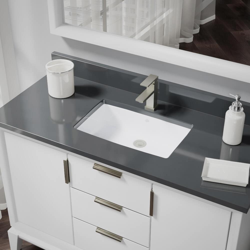 Rene Undermount Porcelain Bathroom Sink In White With Pop Up Drain In Brushed Nickel