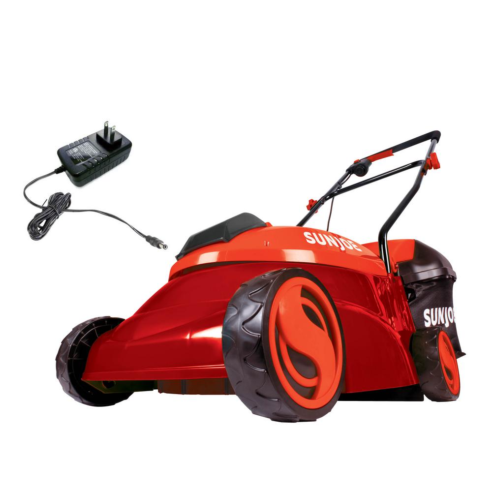 Sun Joe 14 in. 28-Volt Cordless Walk-Behind Push Mower Kit with 5.0 Ah Battery   Charger, Red MJ401C-XR-RED