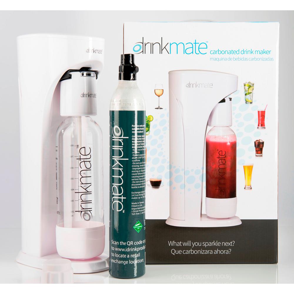 DrinkMate White Sparkling Water and Soda Maker Machine with 60L CO2 Cartridge and 1L Re-Usable Bottle