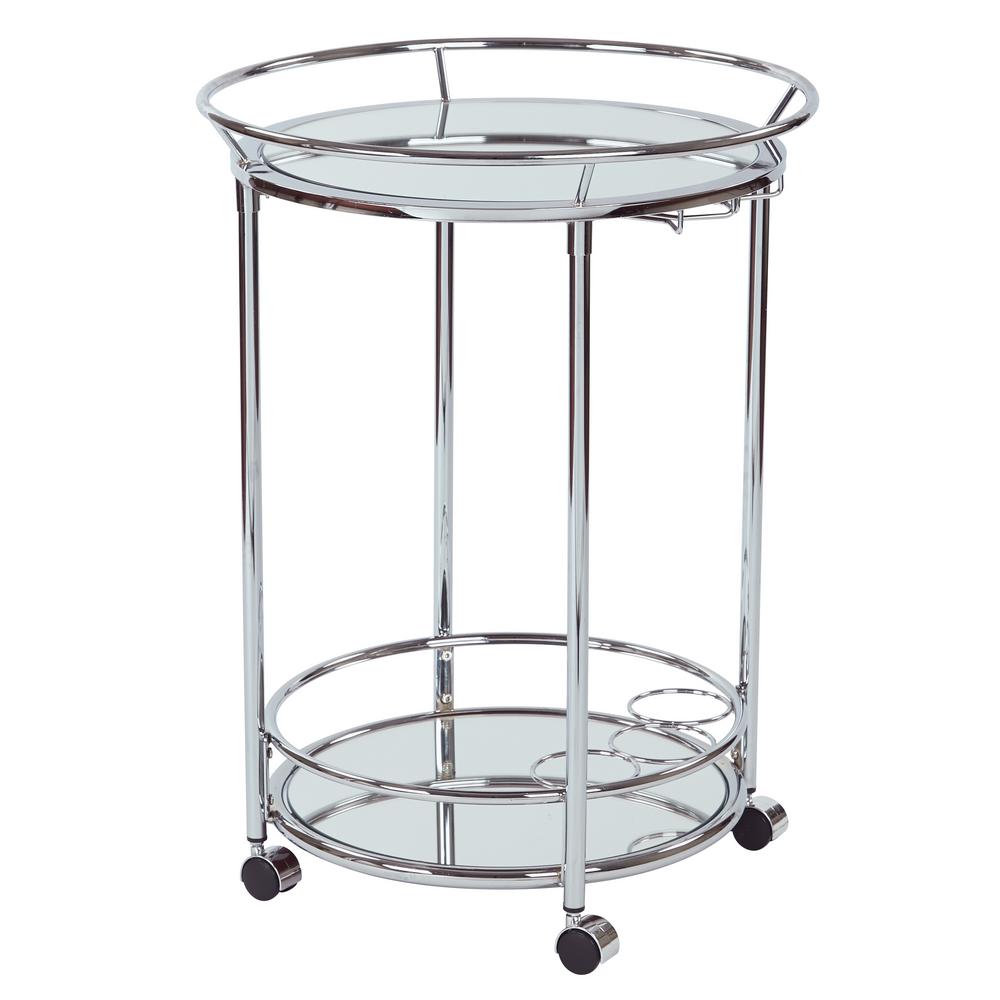 Home Direct Modern Glam Round Silver Bar Cart Metal Glass Mobile Serving Cart 2 Tier with Mirrored Shelves