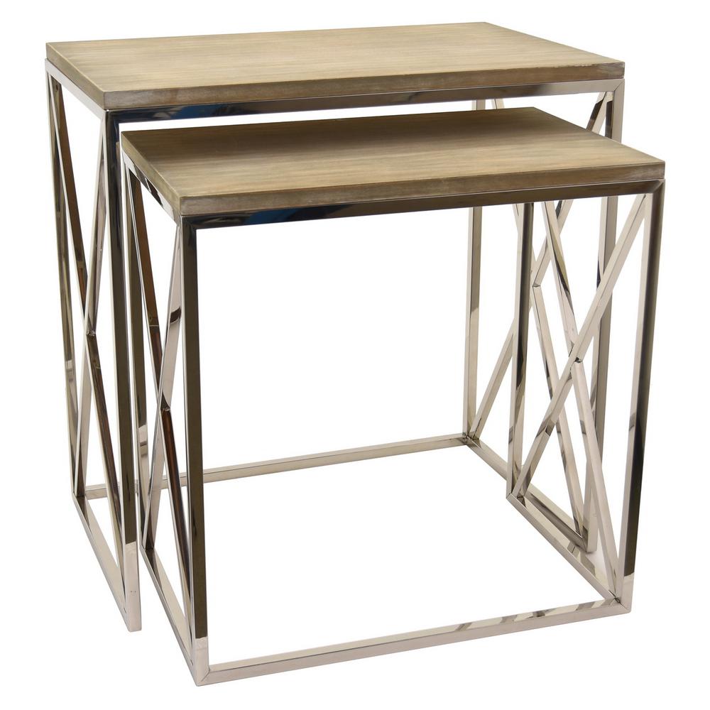 THREE HANDS 23.5 in. x 15 in. Silver Metal and Wood Tables (Set of 2 ... THREE HANDS 23.5 in. x 15 in. Silver Metal and Wood Tables (Set of 2 ...
