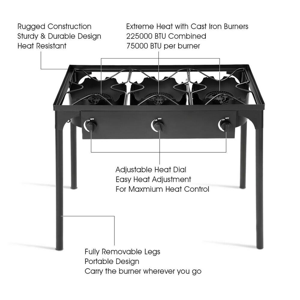 Protable Propane 225000 Btu Gas Triple 3 Burner Outdoor Camping
