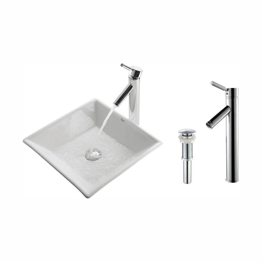 Kraus Flat Square Ceramic Vessel Sink In White With Sheven Faucet