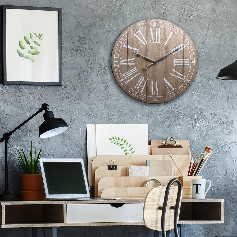 Large 14 23 In Brown Wall Clocks The Home Depot Plank Farmhouse Brown Wall Clock