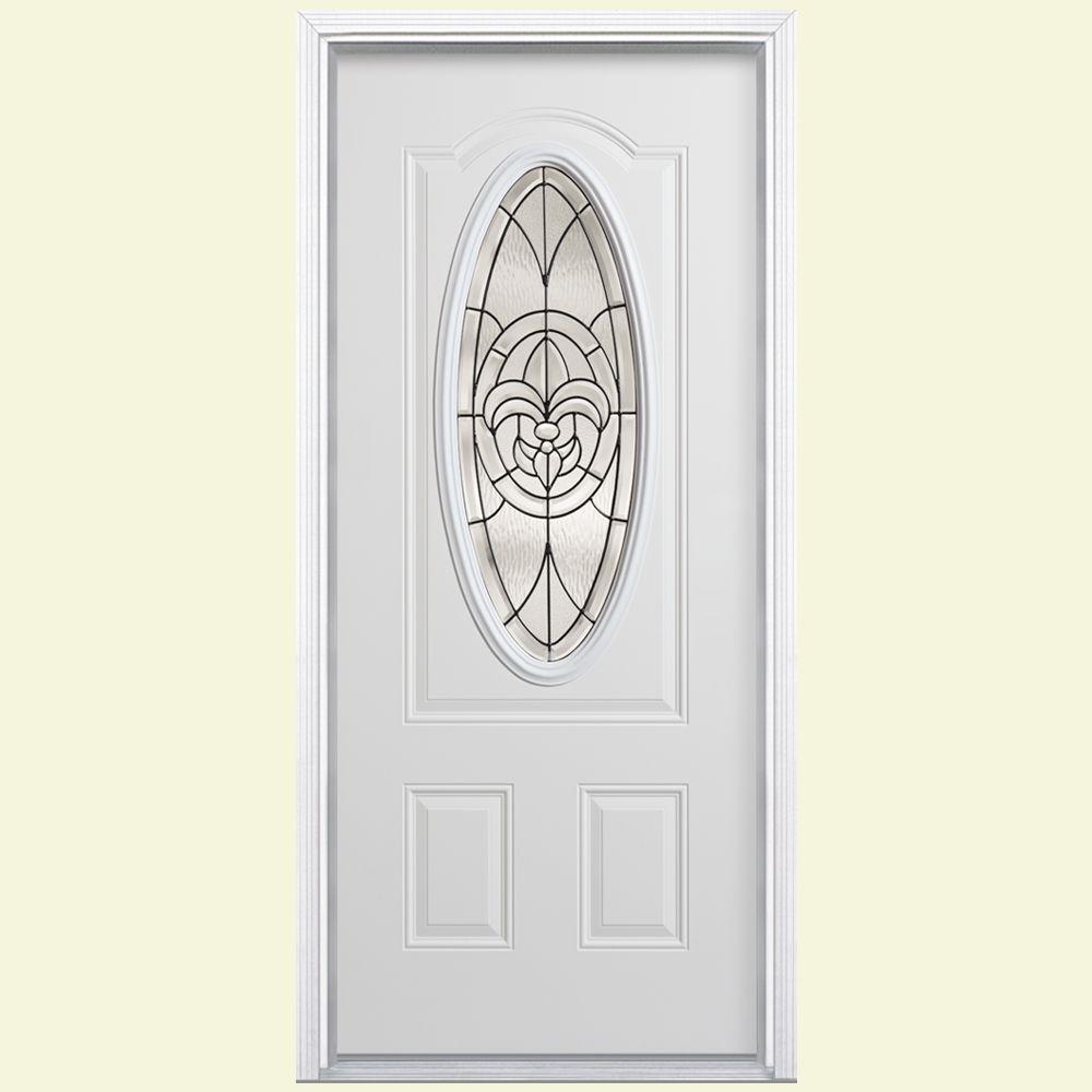 Masonite 36 In X 80 Fleur De Lis 3 4 Oval Lite Left Hand Fleur De Lis 3 4 Oval Lite Left Hand Inswing Primed Steel Prehung Front Door With Brickmold