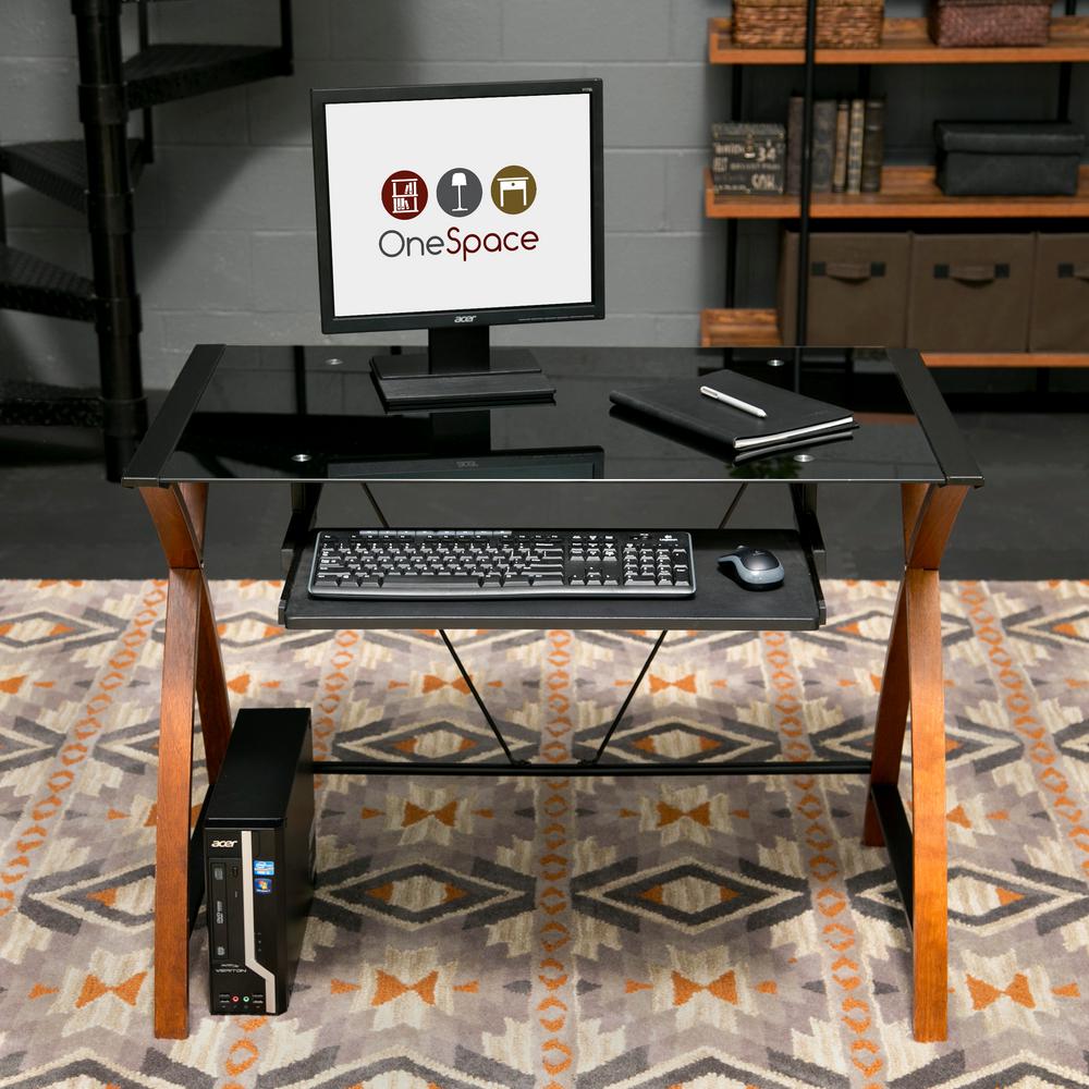 Onespace Black Glass And Wood Computer Desk With Pullout Keyboard