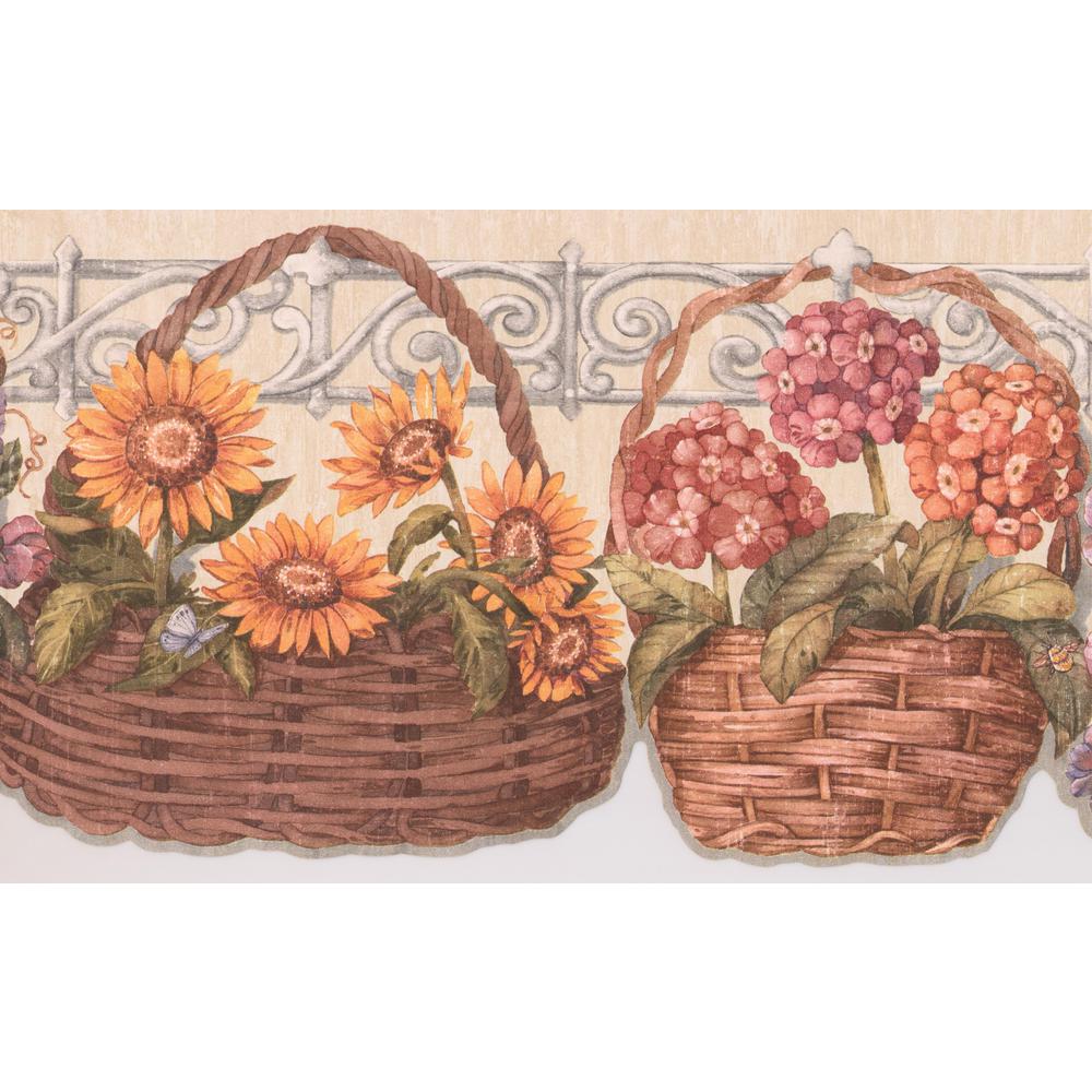 BIRDHOUSES BASKETS COUNTRY WATERING CANS FLOWERS WALLPAPER BORDER