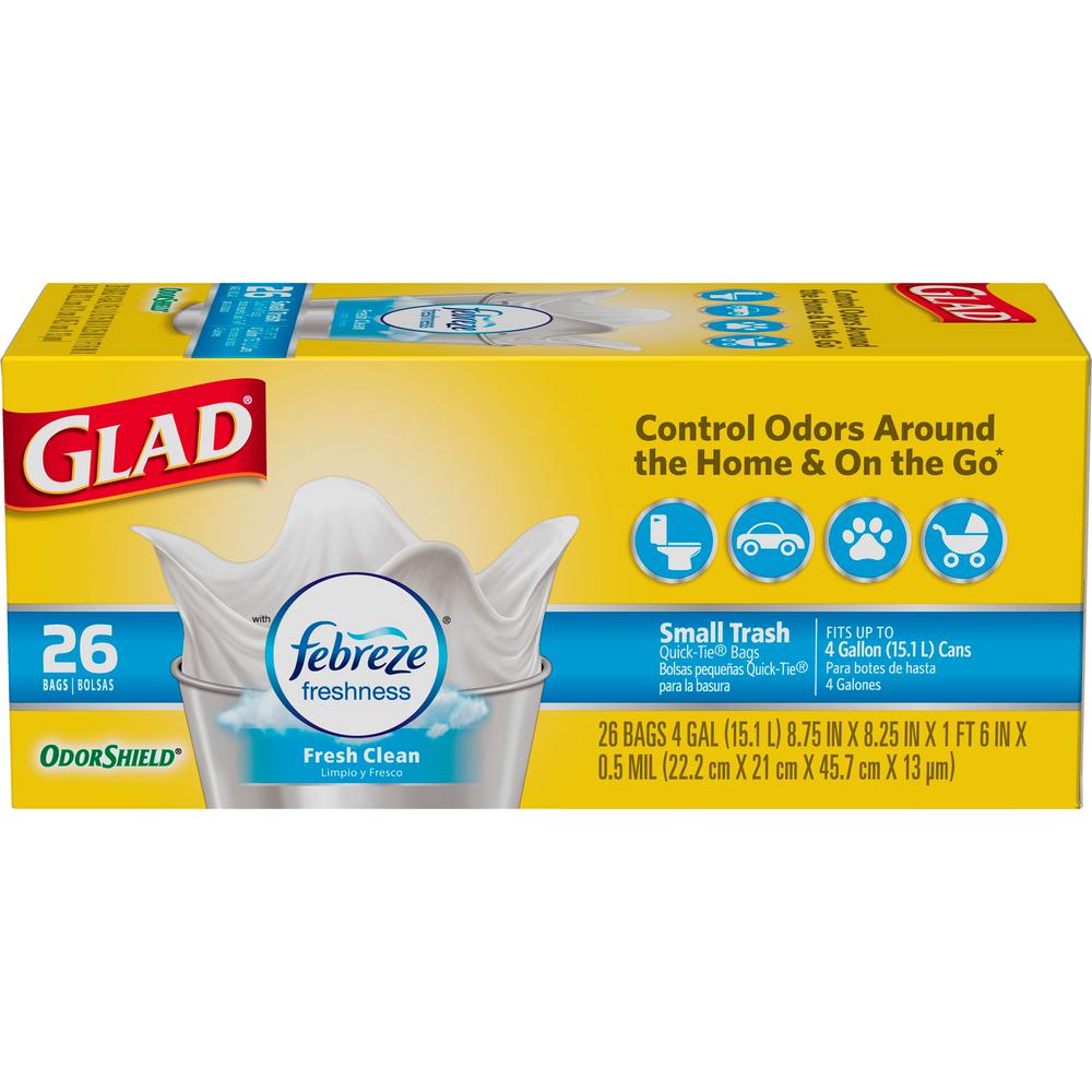 Glad 4 Gal White Fresh Clean Odor Shield Quick Tie Small Trash Bags 26 Count