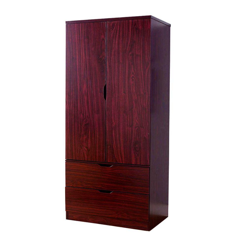 Benjara Mahogany Brown Ious 2 Door Wooden Wardrobe With Bottom Ious 2 Door Wooden Wardrobe