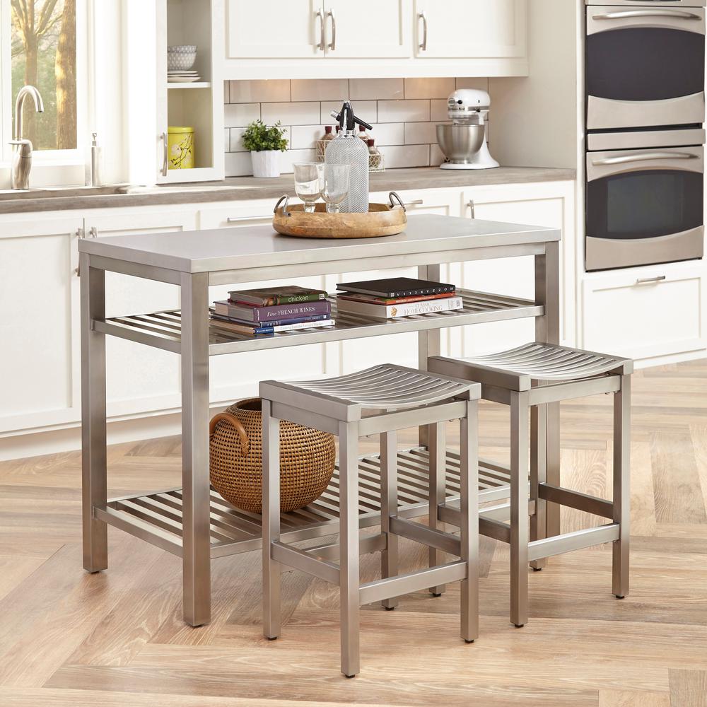 Homestyles 24 In Brushed Satin Stainless Steel Counter Stool Set