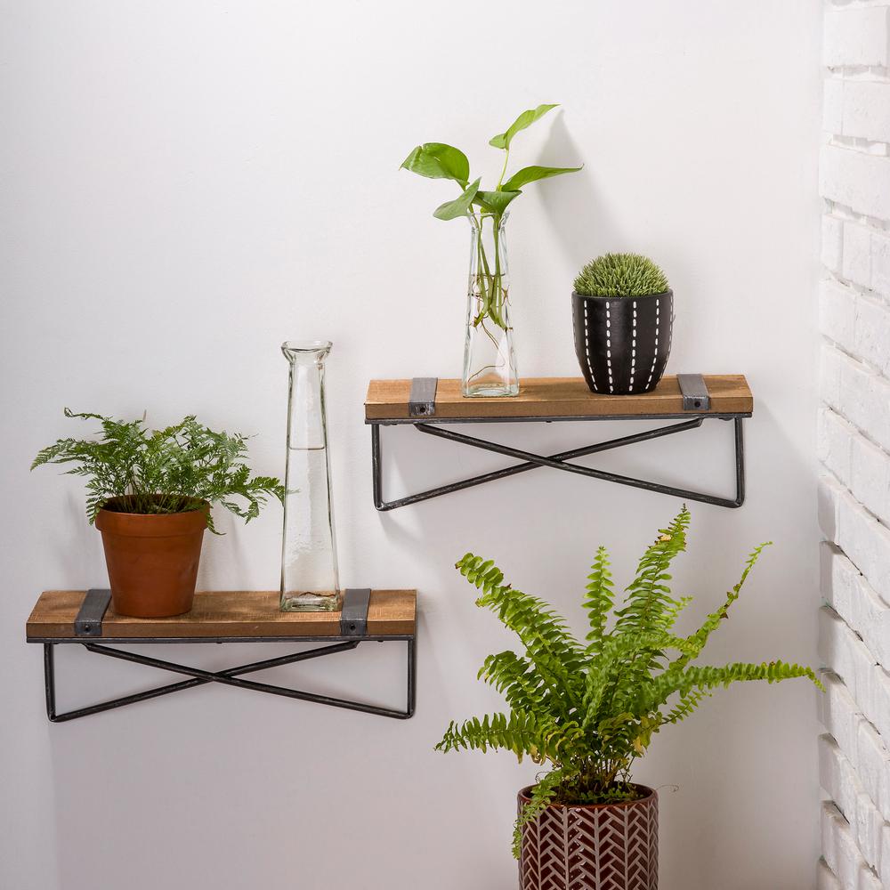 Glitzhome Rustic Farmhouse Metal Wooden Wall Shelf Set Of 2 1505202418 The Home Depot