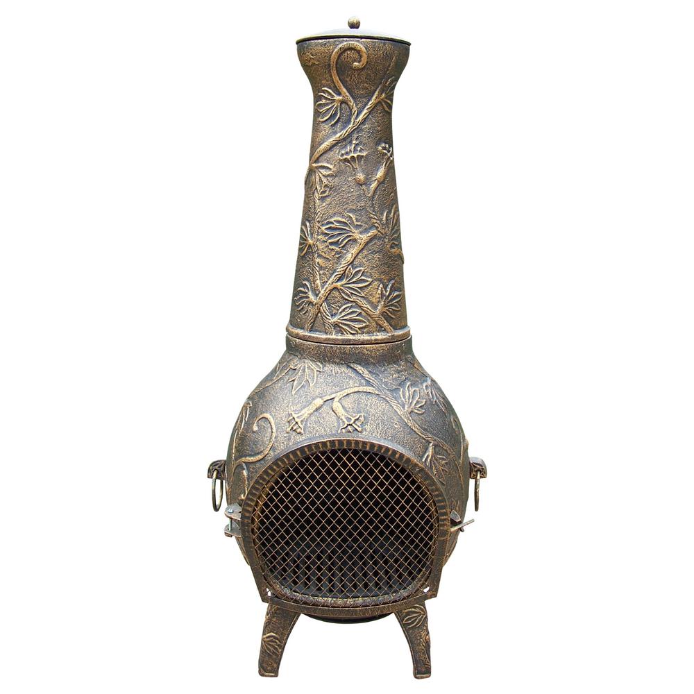 Leaf Cast Metal 53 inch Tall Chimenea with Built-in Handles, Log Grate, Spark...