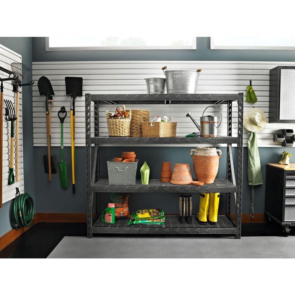Gladiator 4 Tier Welded Steel Garage Storage Shelving Unit 77 In W X 72 In H X 24 In D Gars774xeg The Home Depot