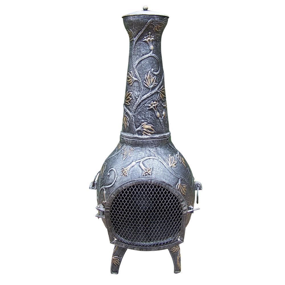Leaf Cast Metal 53 In Tall Chimenea With Built In Handles Log