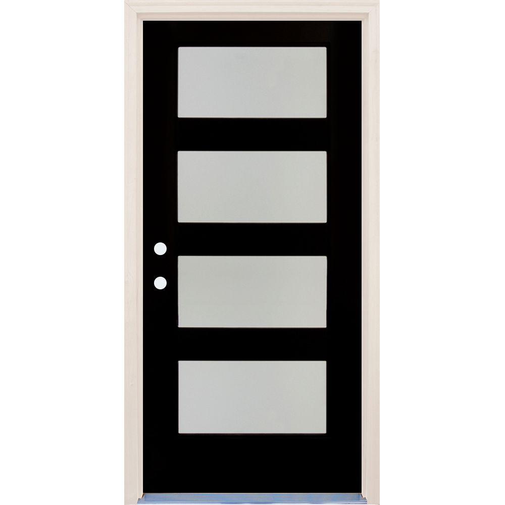 36 in x 80 in Elite Inkwell RH 4 Lite Satin Etch Glass Contemporary Painted Fiberglass Prehung Front Door w/ Brickmould
