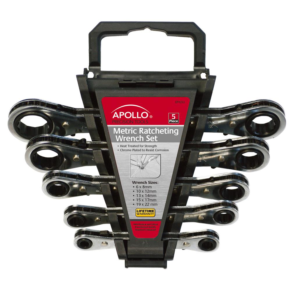 Apollo Tools 5pc DT1213 Metric Ratcheting Wrench Set: Steel, Dark Silver, Socket & Box End, Lifetime Warranty