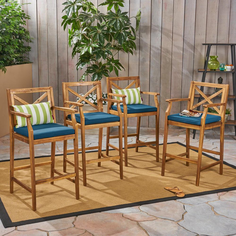 Noble House Hermosa Wood Outdoor Bar Stool with Cream Cushion (4Pack