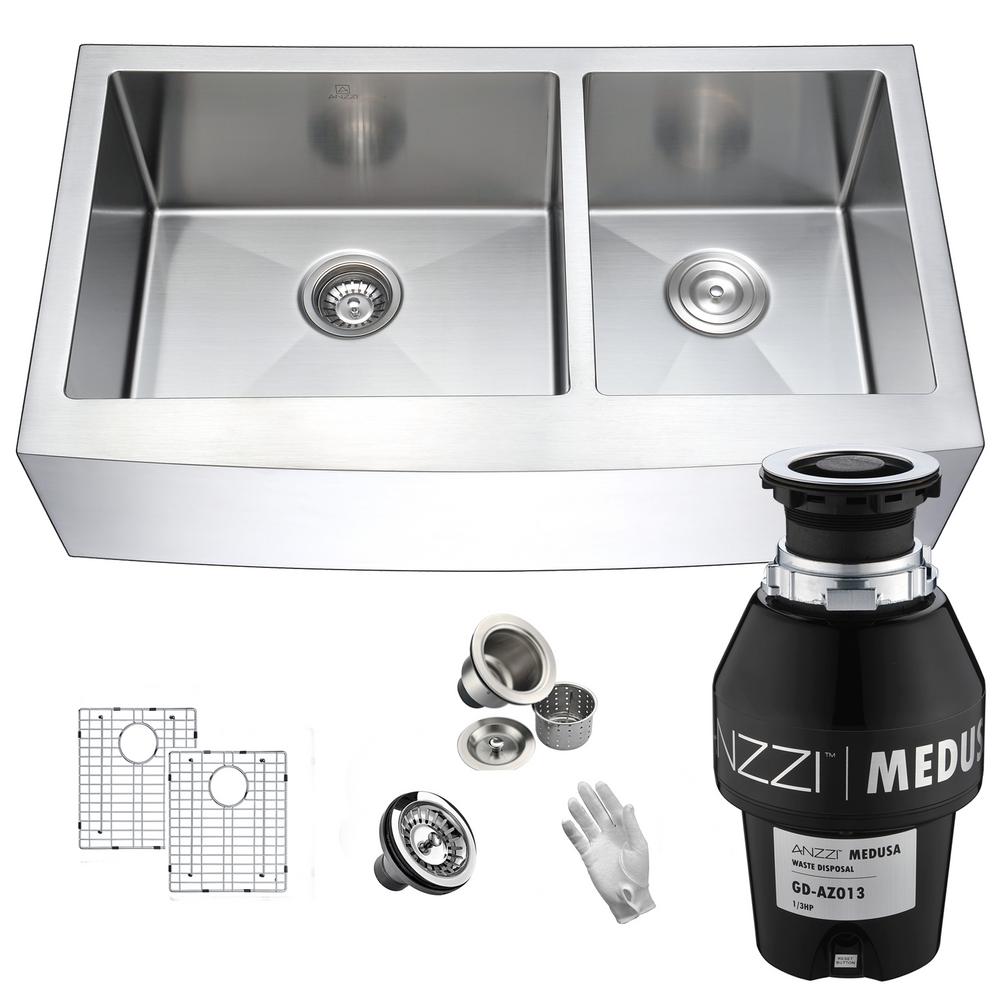 Anzzi Elysian Farmhouse Stainless Steel 33 In 60 40 Double Bowl Kitchen Sink With Medusa Series 1 3 Hp Garbage Disposal