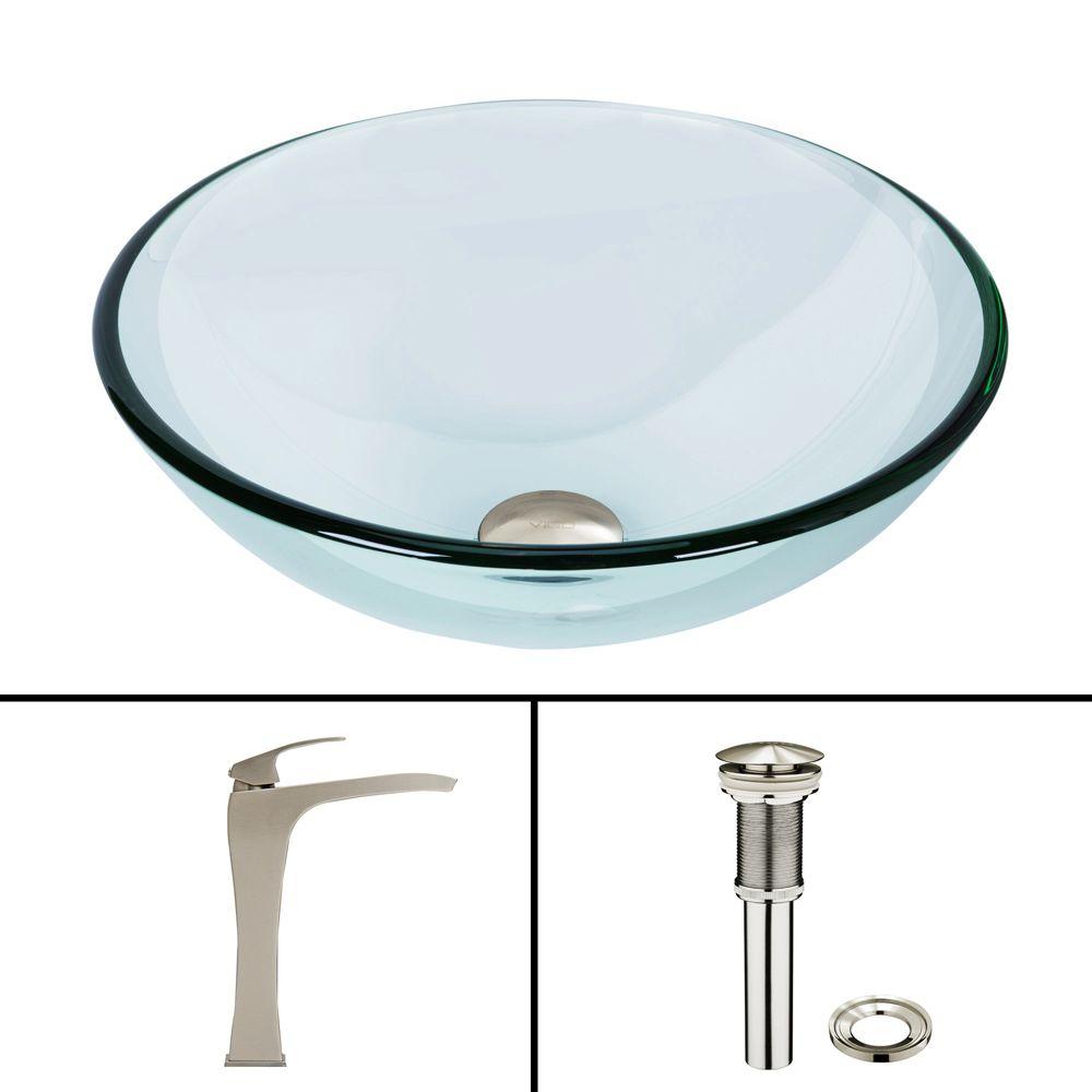 Vigo Glass Vessel Bathroom Sink In Clear Crystalline And Blackstonian Vessel Faucet Set In Brushed Nickel