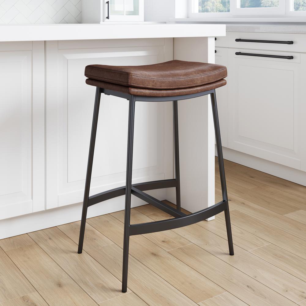 Nathan James Arlo 27 in. Brown/Matte Black Modern Backless Kitchen Counter Bar Stool Metal Frame with Saddle Seat