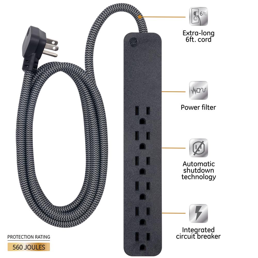 GE 6 Oultet Home Theater Wall-Mounted Low Profile Surge Protector