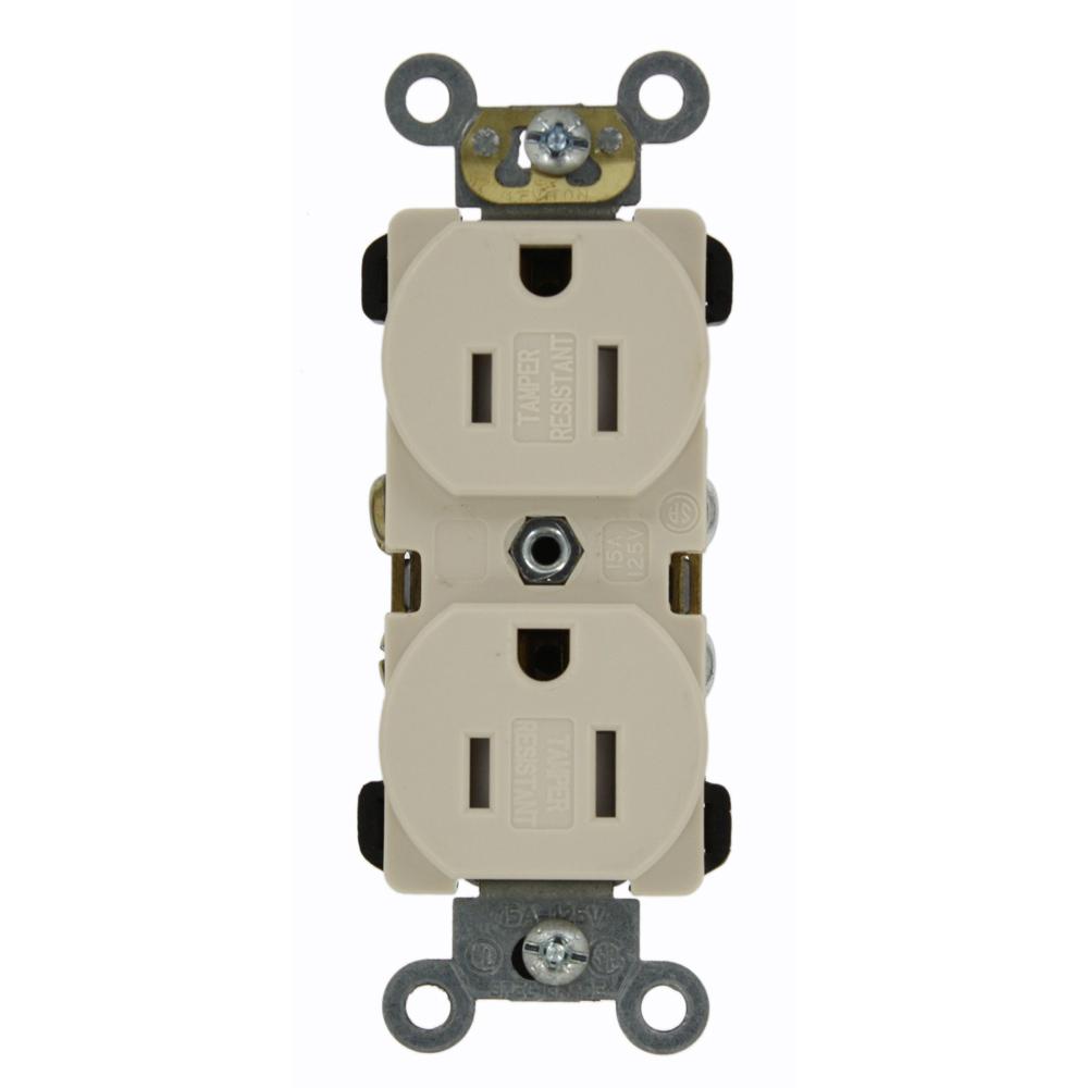 Leviton 15 Amp Commercial Grade Tamper Resistant Back Wired Self Grounding Duplex Outlet, Light ...