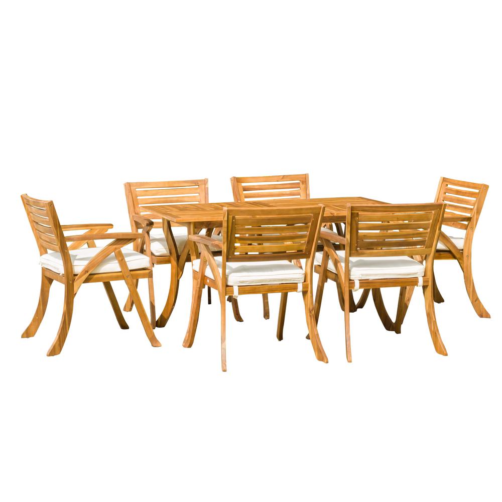 Noble House Hermosa Teak 7 Piece Wood Rectangular Outdoor Dining Set Hermosa Teak 7 Piece Wood Rectangular Outdoor Dining Set With Cream Cushions