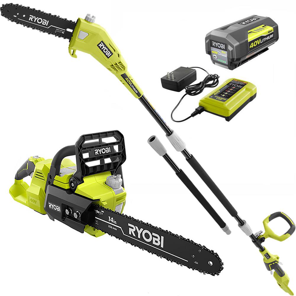 Ryobi 14 In 40 Volt Brushless Lithium Ion Cordless Chainsaw And 10 In