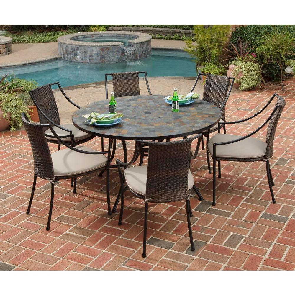 Home Styles Stone Harbor 7 Piece Round Patio Dining Set With Taupe Cushions