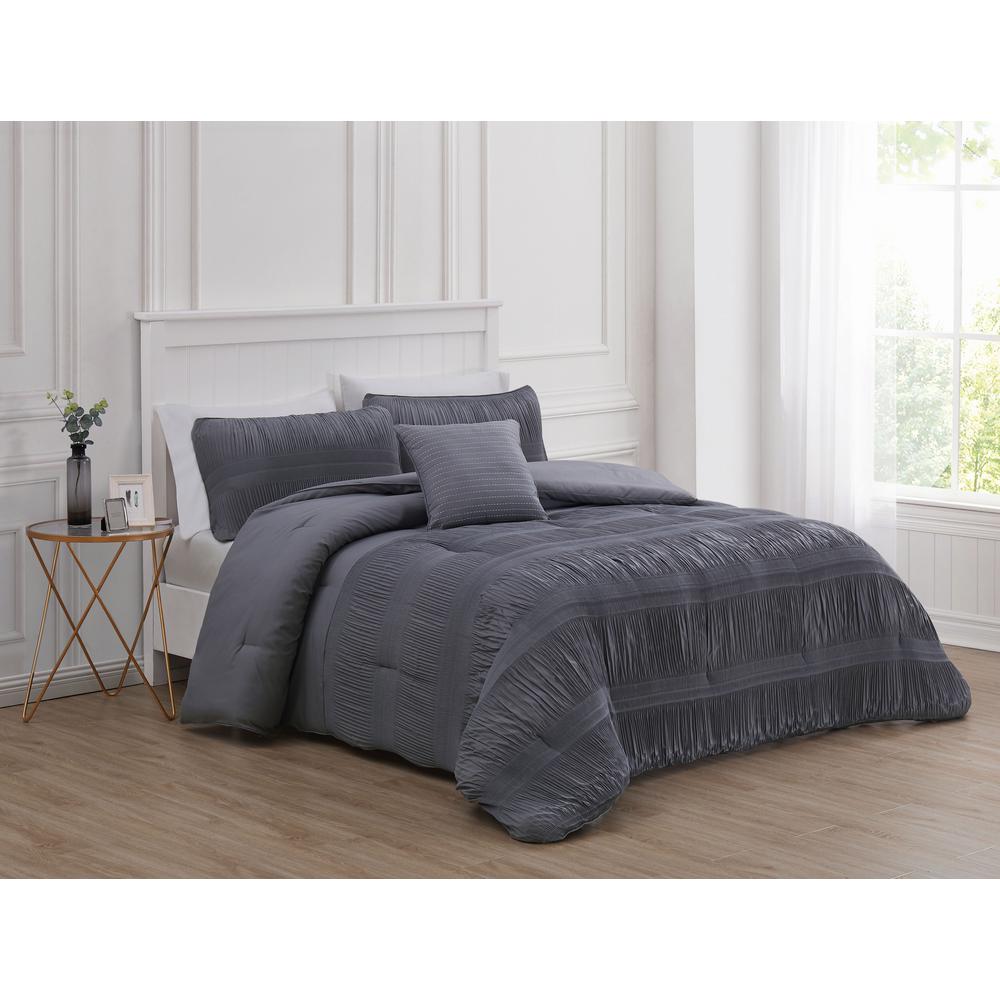 Jaxton Smocked Light Gray King Comforter Set With Throw Pillow