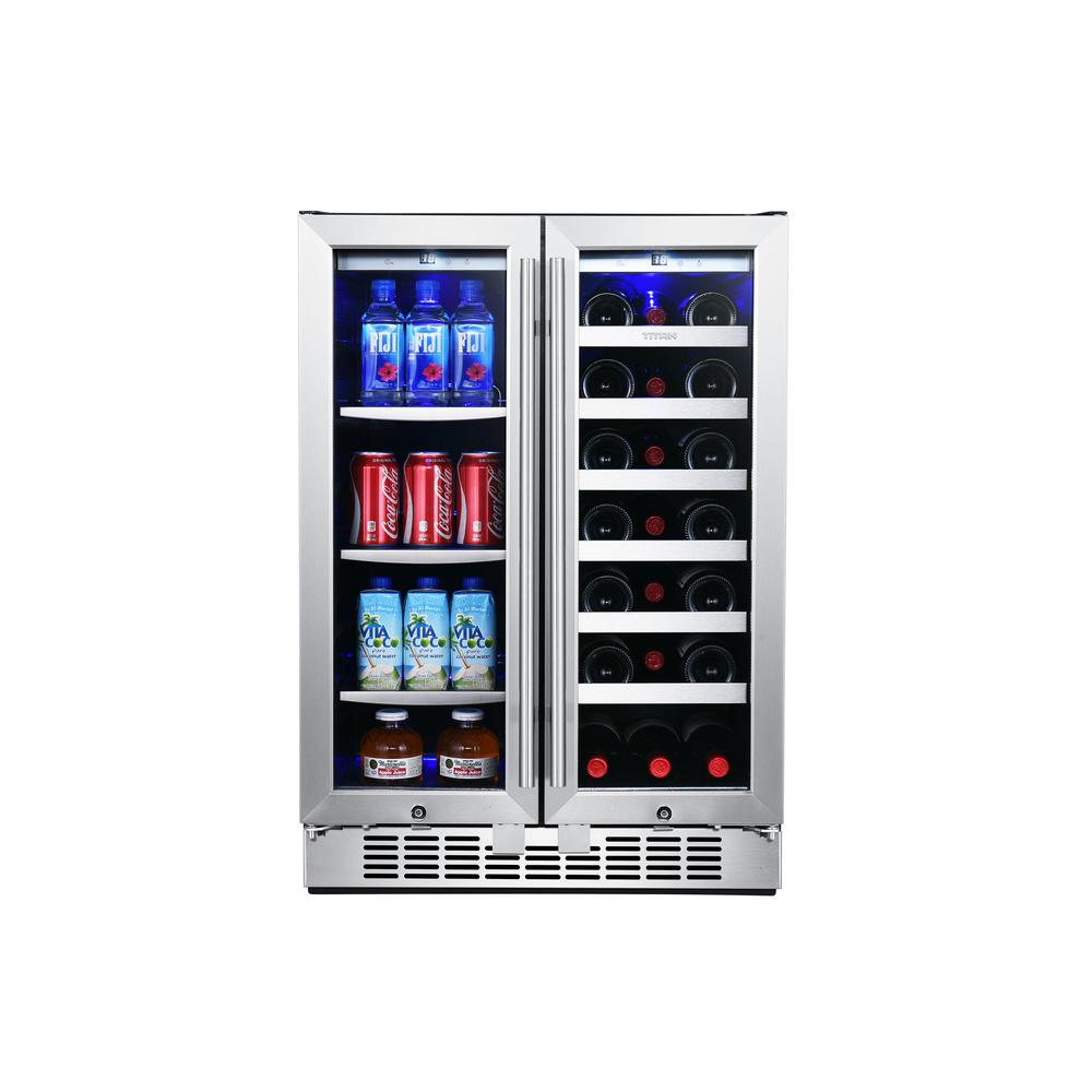 Titan 24 In 60 Can And 21 Bottle French Door Stainless Steel Dual Zone Built In Beverage And Wine Cooler