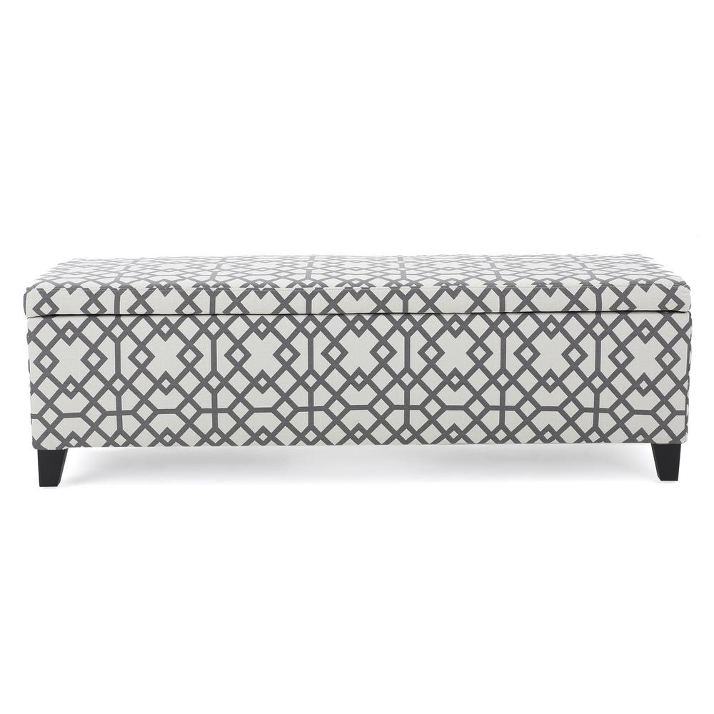 Noble House Cleo Gray Geometric Patterned Fabric Storage Bench 299861   Gray Dark Brown Noble House Bedroom Benches 299861 64 1000 