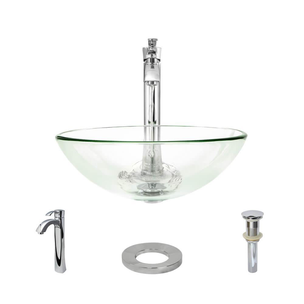 Rene Glass Vessel Sink in Crystal with R97006 Faucet and PopUp Drain