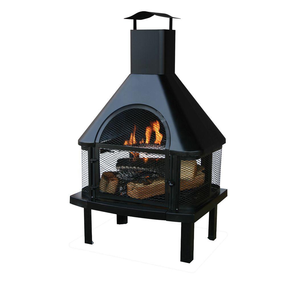Uniflame 45 In H Steel Wood Burning Outdoor Fireplace With Chimney And Included Grate Cooking Waf1013c The Home Depot - Fireplace Grill Insert For Cooking