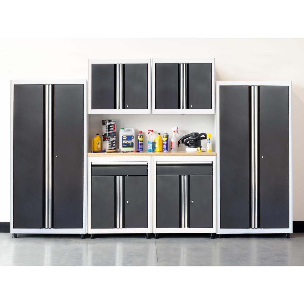 75 in. h x 132 in. w x 18 in. d welded steel garage cabinet set in  white/charcoal (7-piece)