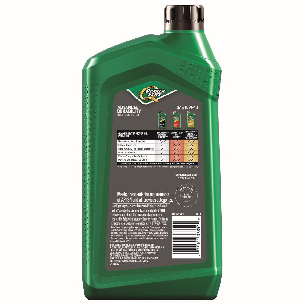 Quaker State 1 Qt Sae 10w 40 Advanced Durability Conventional Motor Oil The Home Depot