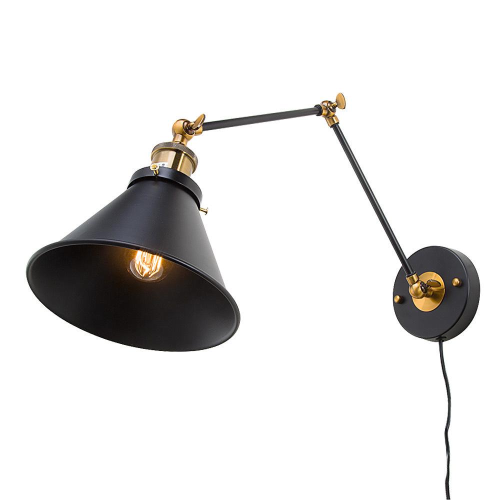 Lnc Adjustable 1 Light Modern Black And Gold Plug In Or Hardwire Industrial Swing Arm Wall Sconce With Bell Lampshade A The Home Depot