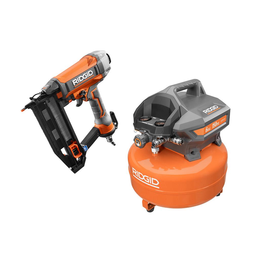RIDGID 6 Gal. Portable Electric Pancake Air Compressor with 16Gauge 21/2 in. Straight Finish